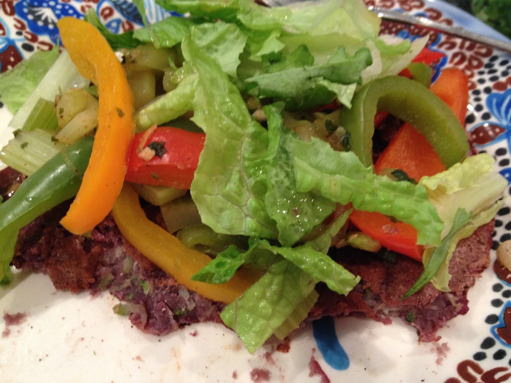 blue corn pancake with fajita veggies